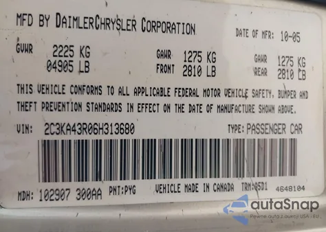 2006 Chrysler 300 from USA, damaged, VIN 2C3KA43R06H313680